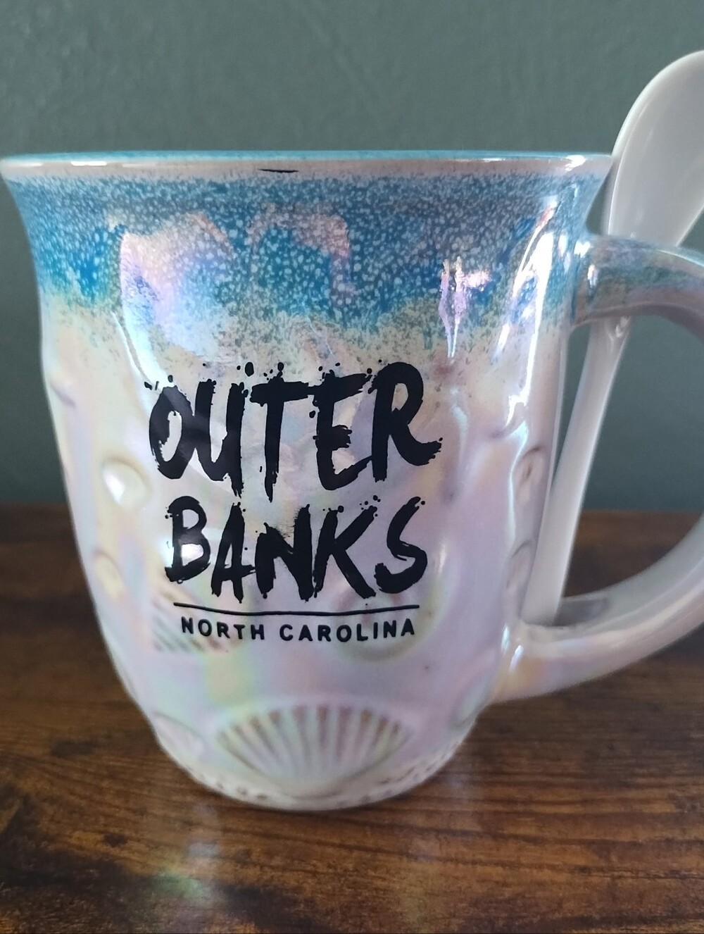 Outer Banks OBX Coffee Mug & Spoon Set Blue White Iridescent Shells Textured